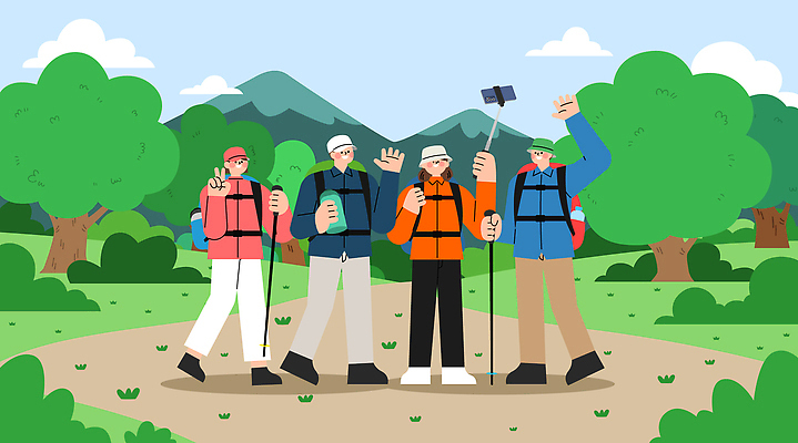 일러스트 모션 자연 협력 산 건강 풍경 야외 파란색 친구 운동 환경 등산 하이킹 만남 탐험 도전 등산객 즐거움 조화 국내일러스트 AI파일 감정 컬러 컨셉 관계 레저 트래킹 생태계 파일형식 벡터