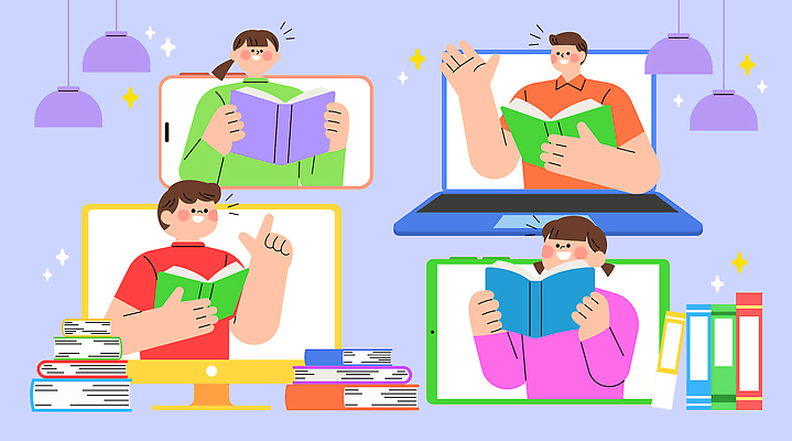 학생 교육 일러스트 수업 커뮤니케이션 책 학습 독서 디지털 스크린 자료 교양 정보 집중 읽기 가정학습 온라인강의 자율학습 상호작용 국내일러스트 AI파일 컨셉 모션 강의 파일형식 벡터 언택트