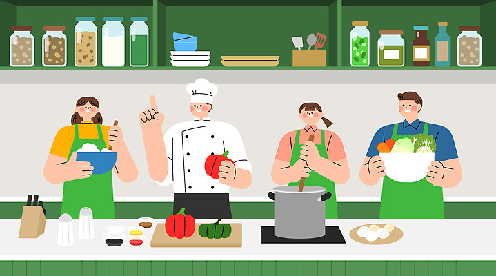 교육 음식 채소 일러스트 주방용품 협력 함께함 건강 요리 여러명 학습 주방 요리사 레시피 손질 요리교실 음식준비 조리과정 맛있는 국내일러스트 AI파일 직업 생활용품 다수 컨셉 수업 사람 준비 과정 파일형식 벡터