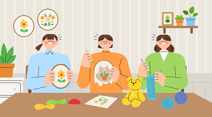 예술 일러스트 모션 함께함 실내 따뜻함 대화 취미 친구 작업 바느질 공예 즐거움 소통 손재주 수놓기 수예 창작 장식술 국내일러스트 AI파일 감정 컨셉 관계 말하기 내부 장식 파일형식 벡터