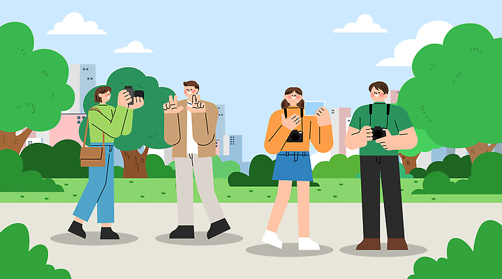 나무 공원 컬러 포즈 일러스트 모션 자연 하늘 거리 풍경 여러명 야외 친구 카메라 촬영 도시 즐거움 소통 국내일러스트 AI파일 식물 공공시설 감정 다수 컨셉 관계 사람 전자제품 생태계 파일형식 벡터