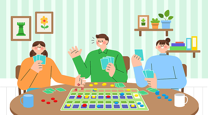 컬러 일러스트 가족 모션 놀이 탁자 대화 웃음 취미 친구 게임 즐거움 화합 보드게임 합주 소통 오후 국내일러스트 AI파일 카드프레임 감정 가구 컨셉 연주 관계 프레임 표정 말하기 파일형식 벡터