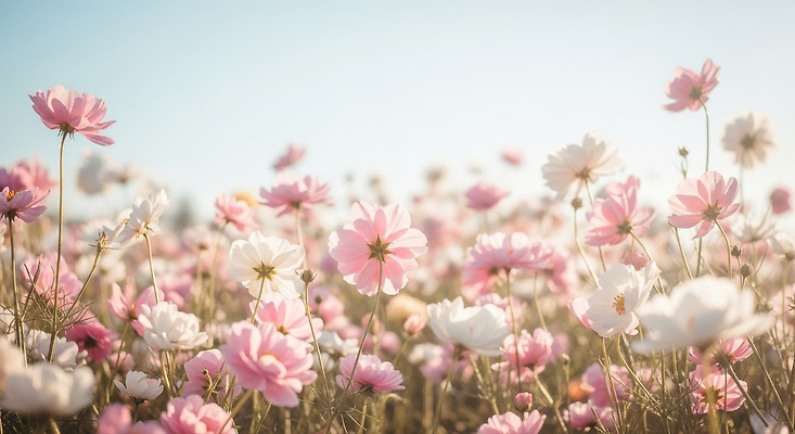 JPG 식물 편집이미지 여유 분홍색 꽃밭 자연 하늘 바람 풍경 일상 햇빛 봄 흰색 코스모스 오후 편집실사 AI포토 AI콘텐츠 자연요소 계절 꽃 감정 컬러 날씨 라이프 태양 CG 생태계 파일형식