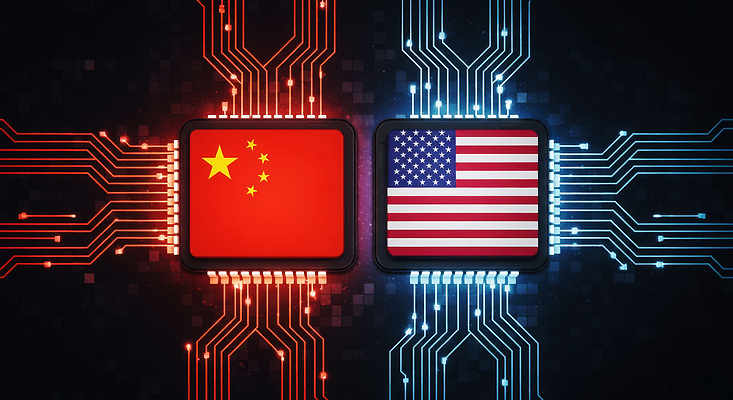 JPG 편집이미지 산업 과학 기술 글로벌 미국 중국 경쟁 정보 발전 회로판 국기 반도체 전자 시스템 혁명 이미지편집 AI컴퓨터그래픽 AI콘텐츠 아시아 컨셉 북아메리카 파일형식