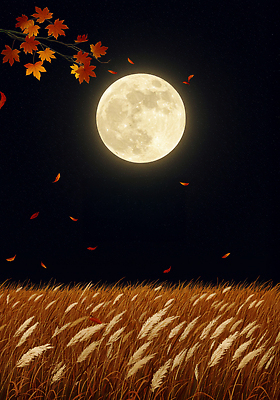 JPG 계절 낙엽 일러스트 자연 하늘 바람 풍경 초원 고요 보름달 가을 시간 야간 저녁 시원함 이삭 국내일러스트 AI일러스트 AI콘텐츠 자연요소 잎 날씨 달 생태계 파일형식