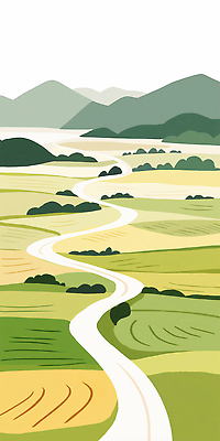 JPG 여행 일러스트 자연 하늘 산 풍경 초원 초록색 강 햇빛 농경지 평화 시골 시원함 언덕 생태계 뷰티풀 풍경화 국내일러스트 AI일러스트 AI콘텐츠 컬러 컨셉 태양 농장 그림 파일형식