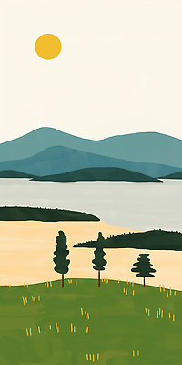 JPG 나무 호수 일러스트 자연 하늘 산 풍경 잔디 야외 여름 파란색 태양 평화 고요 생태계 지평선 뷰티풀 풍경화 목가 국내일러스트 AI일러스트 AI콘텐츠 자연요소 식물 계절 컬러 컨셉 그림 파일형식