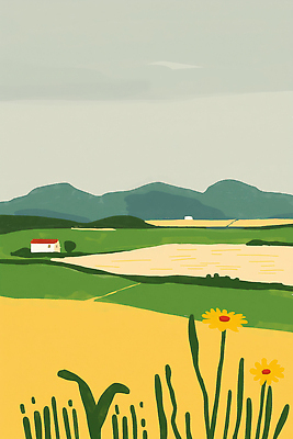 JPG 계절 여유 컬러 농업 일러스트 자연 하늘 산 풍경 초원 초록색 여름 농작물 햇빛 농가 평화 환경 뷰티풀 국내일러스트 AI일러스트 AI콘텐츠 감정 산업 컨셉 태양 농장 생태계 파일형식