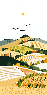 JPG 식물 계절 컬러 농업 채소 일러스트 자연 조류 하늘 생명 풍경 초원 농작물 햇빛 농경지 고요 가을 시골 언덕 조화 국내일러스트 AI일러스트 AI콘텐츠 동물 산업 태양 농장 생태계 파일형식