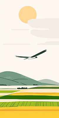 JPG 식물 컬러 일러스트 자연 조류 하늘 산 풍경 초원 햇빛 농경지 평화 환경 공간 자유 비행 수평선 국내일러스트 AI일러스트 AI콘텐츠 동물 컨셉 태양 농장 생태계 파일형식