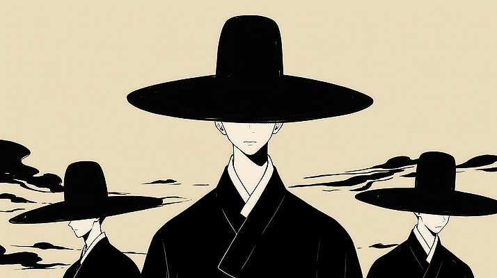 JPG 구름 전통 옷 남자 문화 일러스트 하늘 한국 사람 풍경 세명 고요 모임 전통의상 한복 옛날 저승사자 스타일 국내일러스트 AI일러스트 AI콘텐츠 갓모자 자연요소 모자_잡화 한국전통 아시아 전통소품 파일형식