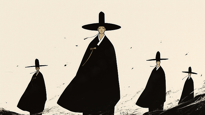 JPG 전통 여자 패션 남자 문화 예술 상징 일러스트 나뭇잎 한국 흑백 사람 풍경 걷기 검은색 우아함 숲 전통의상 한복 조용 뷰티풀 저승사자 국내일러스트 AI일러스트 AI콘텐츠 한국전통 아시아 컬러 컨셉 잎 모션 촬영기법 파일형식