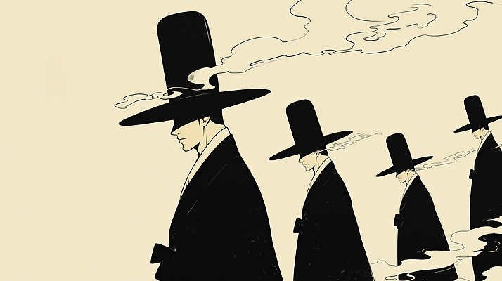 JPG 남자 문화 예술 상징 일러스트 한국 사람 걷기 기운 분위기 연기 유령 전통의상 한복 그림 여관 저승사자 스타일 국내일러스트 AI일러스트 AI콘텐츠 한국전통 전통 아시아 컨셉 모션 숙소 파일형식