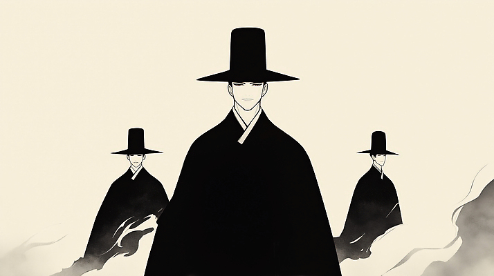 JPG 모자 전통 감정 문화 예술 상징 백그라운드 일러스트 한국 사람 세명 검은색 고요 분위기 한복 일렬 저승사자 차분 국내일러스트 AI일러스트 AI콘텐츠 한국전통 잡화 아시아 컬러 컨셉 전통의상 파일형식