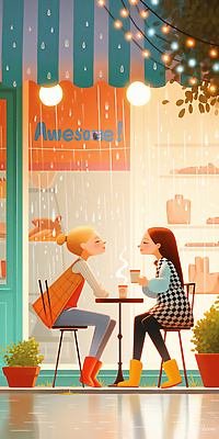 JPG 커피 음료 일러스트 거리 따뜻함 대화 사람 친구 카페 모임 발코니 분위기 차 편안함 빗방울 비석 즐거움 교류 소통 오후 국내일러스트 AI일러스트 AI콘텐츠 감정 컨셉 관계 말하기 상점 감각 비_날씨 파일형식