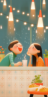 JPG 식물 커플 여자 남자 감정 커피 일러스트 아이디어 따뜻함 대화 사랑 미소 공간 카페 시간 분위기 편안함 비석 즐거움 소통 채팅 국내일러스트 AI일러스트 AI콘텐츠 음료 컨셉 관계 표정 말하기 사람 상점 감각 파일형식