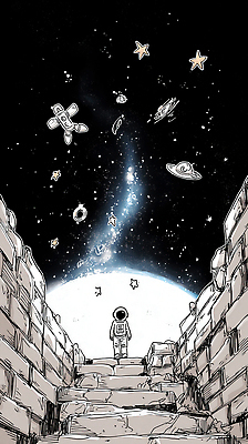 JPG 별 벽 여행 일러스트 상상 우주 블록 행성 탐험 우주비행사 야간 신비 우주선 탐사 별빛 무중력 소행성 경관 국내일러스트 AI일러스트 AI콘텐츠 자연요소 컨셉 풍경 빛 파일형식