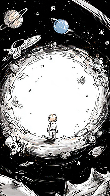 JPG 별 백그라운드 일러스트 자연 흑백 이야기 소년 우주 행성 탐험 도전 신비 모험가 우주선 그림 신화 우주여행 상상력 창의성 환상 국내일러스트 AI일러스트 AI콘텐츠 자연요소 남자 어린이 여행 컨셉 촬영기법 생태계 파일형식