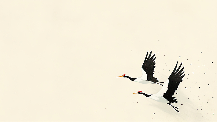 JPG 동물 백그라운드 두마리 날개 일러스트 자연 조류 하늘 풍경 빨간색 평화 검은색 학 흰색 비행 우아함 조용 이륙 뷰티풀 국내일러스트 AI일러스트 AI콘텐츠 컬러 컨셉 2 생태계 파일형식