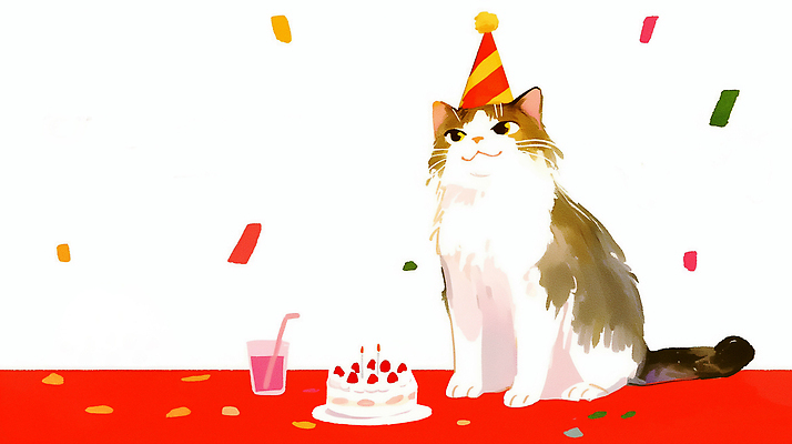 JPG 모자 행복 음료 일러스트 장식 친구 반려동물 파티 귀여움 케이크 고양이 축하 생일파티 생일 즐거움 홈파티 국내일러스트 AI일러스트 AI콘텐츠 동물 잡화 기념일 감정 컨셉 포유류 관계 디저트 이벤트 파일형식