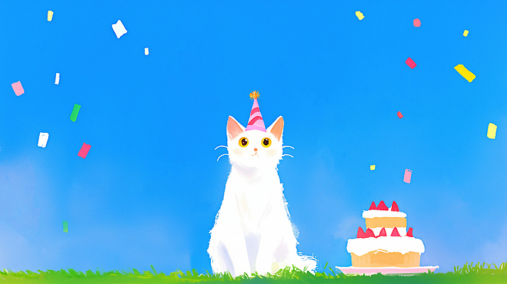 JPG 모자 행복 일러스트 하늘 웃음 반려동물 파티 귀여움 케이크 축제 고양이 흰색 축하 생일 분위기 놀이터 장면 색종이 연휴 성격 국내일러스트 AI일러스트 AI콘텐츠 동물 잡화 기념일 감정 종이 컬러 컨셉 포유류 놀이 디저트 표정 이벤트 공휴일 파일형식