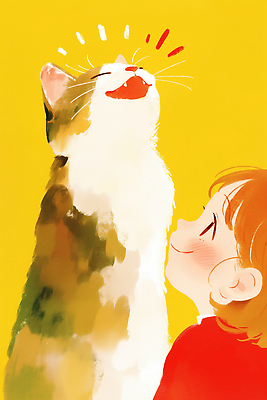 JPG 동물 행복 감정 어린이 일러스트 놀이 함께함 표정 사랑 미소 웃음 노란색 귀여움 고양이 우정 그림 순간 국내일러스트 AI일러스트 AI콘텐츠 컬러 컨셉 포유류 사람 친구 반려동물 파일형식