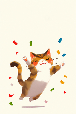 JPG 동물 행복 일러스트 바닥 털 표정 미소 장식 반려동물 달리기 고양이 기쁨 축하 즐거움 장면 색종이 놀기 생동감 국내일러스트 AI일러스트 AI콘텐츠 감정 종이 컨셉 포유류 모션 파일형식