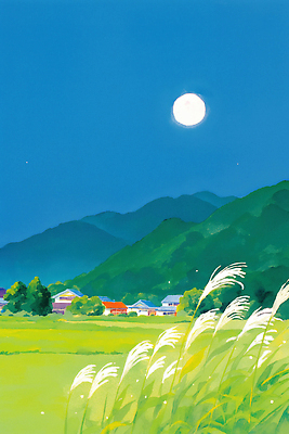 JPG 식물 일러스트 자연 밤하늘 하늘 조명 산 주택 풍경 초원 농경지 평화 마을 환경 고요 보름달 농촌 달빛 논밭 산들바람 풍경화 국내일러스트 AI일러스트 AI콘텐츠 컨셉 밭 바람 논 건물 농장 달 시골 야간 그림 생태계 파일형식
