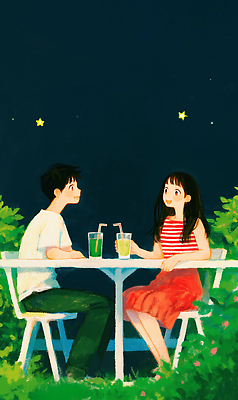 JPG 행복 감정 별 음료 컬러 일러스트 자연 대화 사랑 야외 캐주얼 친구 정원 일몰 만남 발코니 즐거움 별빛 여름밤 국내일러스트 AI일러스트 AI콘텐츠 자연요소 옷 컨셉 관계 말하기 여름 빛 노을 야간 생태계 파일형식
