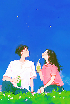 JPG 시선 감정 별 음료 일러스트 자연 하늘 대화 사랑 풍경 초원 두명 여름 청춘 햇빛 만남 야간 편안함 엽서 국내일러스트 AI일러스트 AI콘텐츠 자연요소 계절 컨셉 말하기 사람 태양 감각 편지 생태계 파일형식