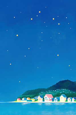 JPG 별 바다 야경 일러스트 자연 하늘 주택 풍경 해변 여름 파란색 평화 마을 도시 저녁 그림 조용 별빛 풍경화 국내일러스트 AI일러스트 AI콘텐츠 자연요소 계절 컬러 컨셉 건물 빛 야간 생태계 파일형식 풍경_경치