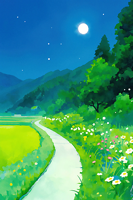 JPG 꽃 별 길 야경 일러스트 자연 산 논 풍경 초원 여름 평화 야간 편안함 달빛 감성 조화 뷰티풀 국내일러스트 AI일러스트 AI콘텐츠 자연요소 식물 계절 컨셉 농업 달 감각 생태계 파일형식 풍경_경치