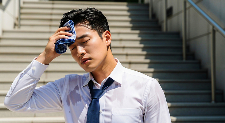 JPG 편집이미지 남자 셔츠 넥타이 날씨 스트레스 여름 수건 계단 더위 외출 땀 곤란 의료성형뷰티 편집실사 AI포토 AI인물포토 AI콘텐츠 잡화 계절 상의 사람 위생용품 CG 파일형식