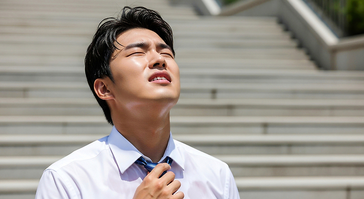 JPG 편집이미지 옷 남자 감정 날씨 스트레스 표정 여름 태양 계단 목 고생 기온 의료성형뷰티 불편함 편집실사 AI포토 AI인물포토 AI콘텐츠 자연요소 계절 사람 신체부위 감각 CG 파일형식