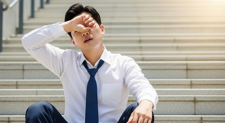 JPG 편집이미지 손 남자 감정 얼굴 비즈니스 넥타이 휴식 스트레스 피곤 일상 햇빛 계단 의료성형뷰티 편집실사 AI포토 AI인물포토 AI콘텐츠 잡화 컨셉 사람 라이프 신체부위 태양 CG 파일형식