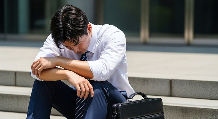 JPG 편집이미지 남자 감정 비즈니스 스트레스 직장 피곤 고개숙이기 정장 계단 작업 무게 고민 수행 고립 의료성형뷰티 편집실사 AI포토 AI인물포토 AI콘텐츠 옷 컨셉 회사 숙이기 사람 CG 파일형식