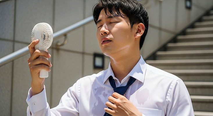 JPG 편집이미지 남자 스튜디오 넥타이 실내 일상 여름 오픈 더위 시원함 땀 오후 의료성형뷰티 손풍기 편집실사 AI포토 AI인물포토 AI콘텐츠 잡화 계절 날씨 사람 내부 라이프 선풍기 휴대용 CG 파일형식