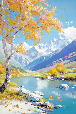 JPG 나무 단풍 잎 일러스트 자연 날씨 산 풍경 물 빛 강 평화 공간 가을 생태계 조화 뷰티풀 석회암 풍경화 국내일러스트 AI일러스트 AI콘텐츠 자연요소 식물 계절 컨셉 암석 그림 파일형식