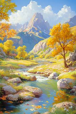JPG 나무 구름 컬러 일러스트 자연 하늘 생명 산 밝음 풍경 물 평화 흐름 가을 돌_바위 개울 숲 조화 깊이 청명 국내일러스트 AI일러스트 AI콘텐츠 자연요소 식물 계절 컨셉 강 생태계 파일형식