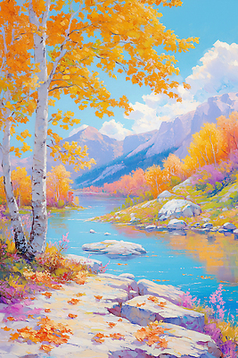 JPG 여유 여행 단풍 일러스트 자연 하늘 휴식 산 풍경 물 강 노란색 산책 가을 강가 조화 뷰티풀 색채 국내일러스트 AI일러스트 AI콘텐츠 자연요소 계절 감정 컬러 컨셉 잎 생태계 파일형식