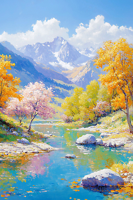 JPG 나무 계절 꽃 컬러 여행 일러스트 자연 하늘 산 풍경 초록색 물 강 평화 고요 산책 가을 돌_바위 조화 뷰티풀 청명 국내일러스트 AI일러스트 AI콘텐츠 자연요소 식물 컨셉 휴식 생태계 파일형식