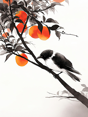 JPG 나무 식물 동물 예술 백그라운드 과일 일러스트 자연 조류 가지 풍경 검은색 주황색 흰색 먹이 조화 뷰티풀 생동감 국내일러스트 AI일러스트 AI콘텐츠 컬러 채소 생태계 파일형식