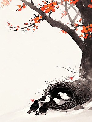 JPG 나무 열매 새끼 일러스트 자연 조류 생명 풍경 갈색 벚꽃 가을 나뭇가지 둥지 생태계 조화 까마귀 국내일러스트 AI일러스트 AI콘텐츠 식물 동물 계절 꽃 컬러 파일형식