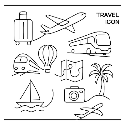아이콘 여행 지도 비행기 카메라 사막 기차 열기구 여행준비 선박 Transportation Adventure Luggage 2D아이콘 AI파일 육상교통 수상교통 항공교통 대중교통 전자제품 준비 파일형식 벡터