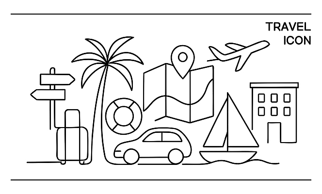 아이콘 바다 여행 지도 배낭 자동차 비행기 야자수 탐험 휴일 여행준비 짐가방 선박 2D아이콘 AI파일 나무 육상교통 수상교통 가방 항공교통 대중교통 준비 파일형식 벡터
