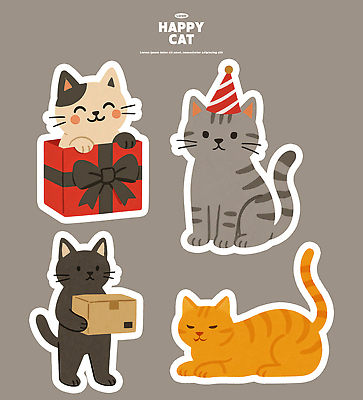 PSD 동물 캐릭터 디자인 컬러 포즈 스티커 일러스트 선물 반려동물 상자 파티 귀여움 검은색 주황색 고양이 회색 흰색 축하 즐거움 국내일러스트 일러캐릭터 감정 컨셉 포유류 이벤트 파일형식