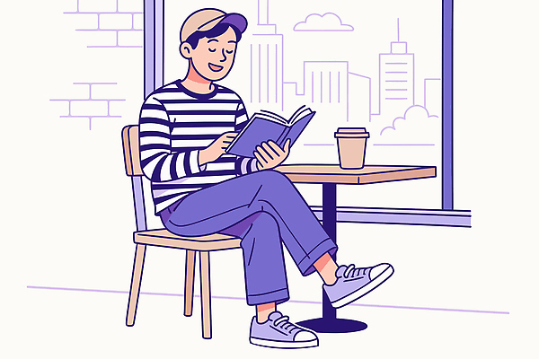 남자 여유 커피 의자 일러스트 창문 모션 거리 상반신 취미 건물 책 독서 카페 시간 도심 편안함 국내일러스트 AI파일 건축물 감정 음료 가구 사람 상점 도시 감각 파일형식 벡터