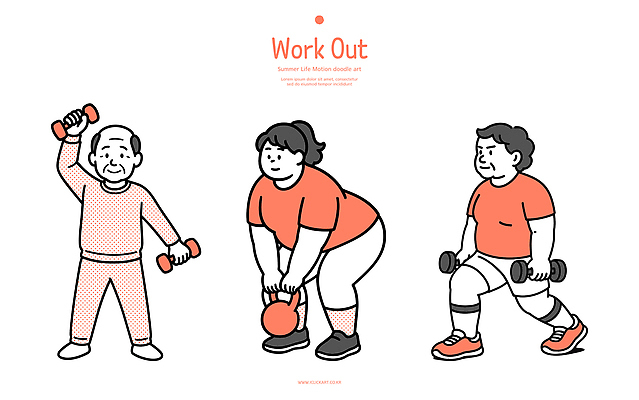 노년 여유 중년 몸매관리 다이어트 일러스트 가족 건강 운동 헬스 힘 아령 역기 웨이트트레이닝 케틀벨 일러캐릭터 AI파일 캐릭터 감정 관계 성인 파일형식 벡터