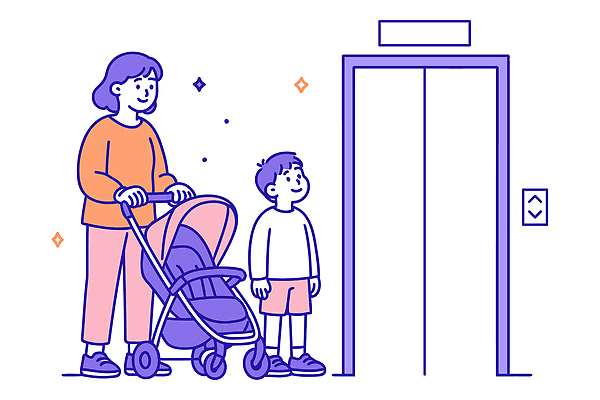 어린이 이동 일러스트 가족 엄마 휴식 일상 부모 자녀 대기 도시 시간 편안함 엘리베이터 즐거움 모성애 유모차 편리함 국내일러스트 AI파일 감정 컨셉 관계 사람 라이프 아기용품 감각 파일형식 벡터