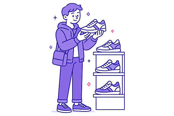 옷 패션 남자 운동화 신발 일러스트 모션 거리 쇼핑 상점 전시 선택 소비 상품 편안함 고객 서비스 고민 소매 스타일 국내일러스트 AI파일 감정 컨셉 사람 감각 파일형식 벡터
